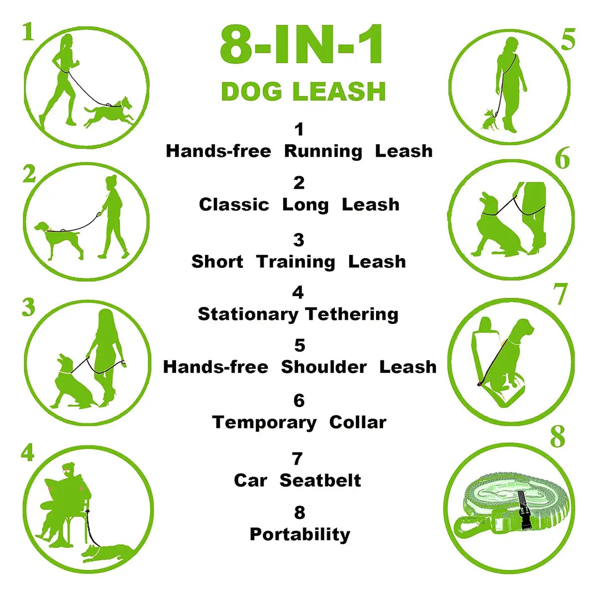 8-In-1 Multifunctional No Tangle Dog Leash with Double Handles, Safety Lock, Hands-Free Waist Mode, Built-In Car Seatbelt, Reflective Stitching for Comfortable Running (Hands-Free Dog Accessory), No Tangle Leash