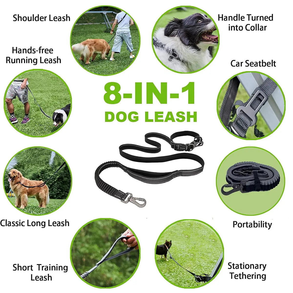 8-In-1 Multifunctional No Tangle Dog Leash with Double Handles, Safety Lock, Hands-Free Waist Mode, Built-In Car Seatbelt, Reflective Stitching for Comfortable Running (Hands-Free Dog Accessory), No Tangle Leash