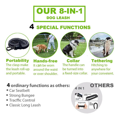 8-In-1 Multifunctional No Tangle Dog Leash with Double Handles, Safety Lock, Hands-Free Waist Mode, Built-In Car Seatbelt, Reflective Stitching for Comfortable Running (Hands-Free Dog Accessory), No Tangle Leash